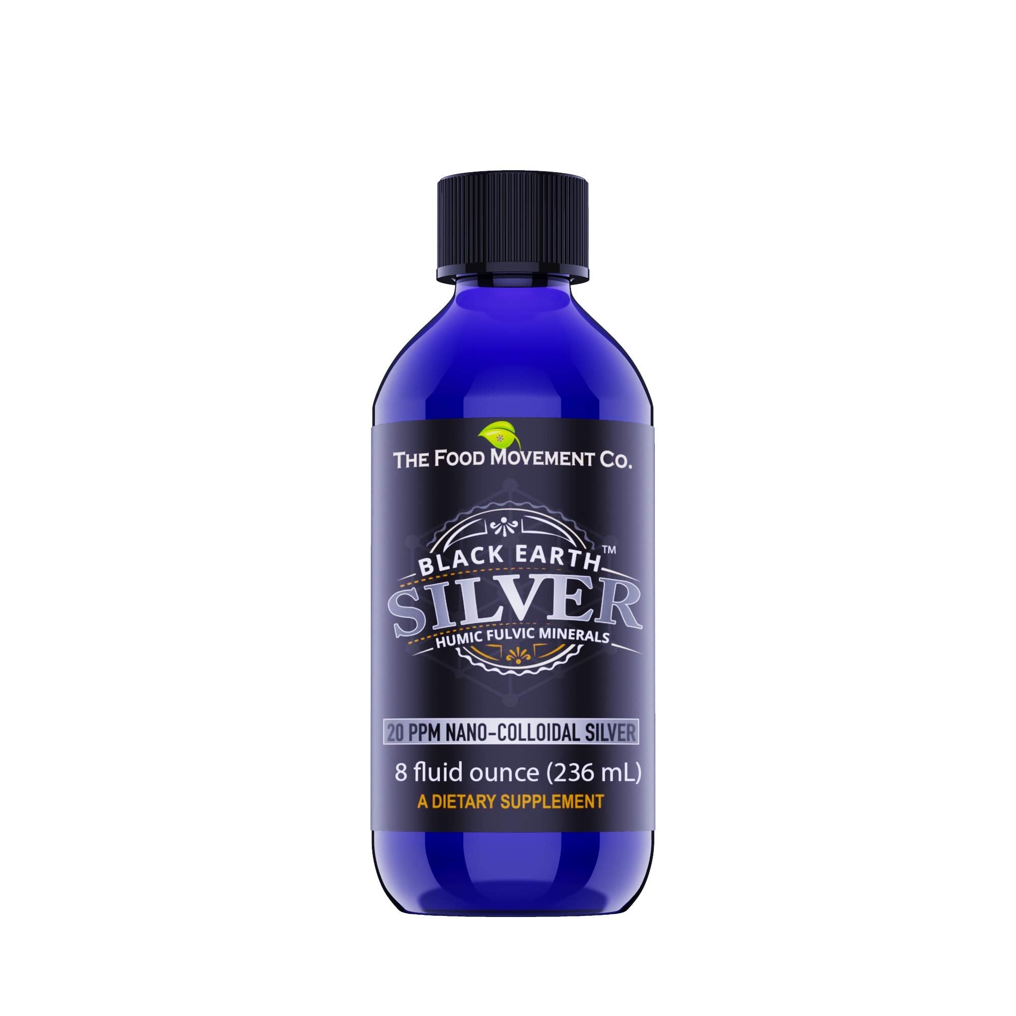 The Food Movement Black Earth Silver bottle on white, ready for daily immune support.