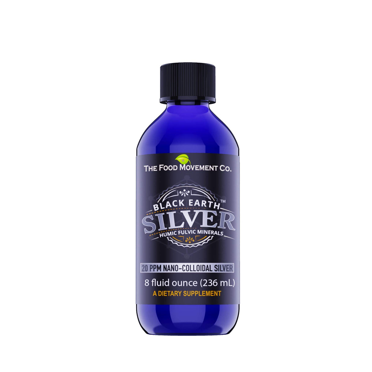 The Food Movement Black Earth Silver bottle on white, ready for daily immune support.