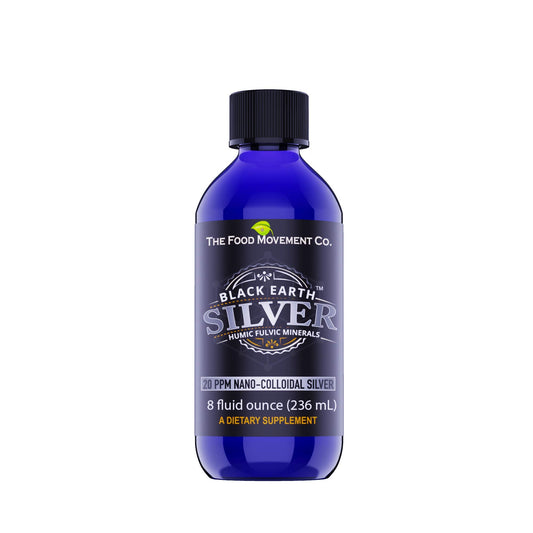 The Food Movement Black Earth Silver bottle on white, ready for daily immune support.