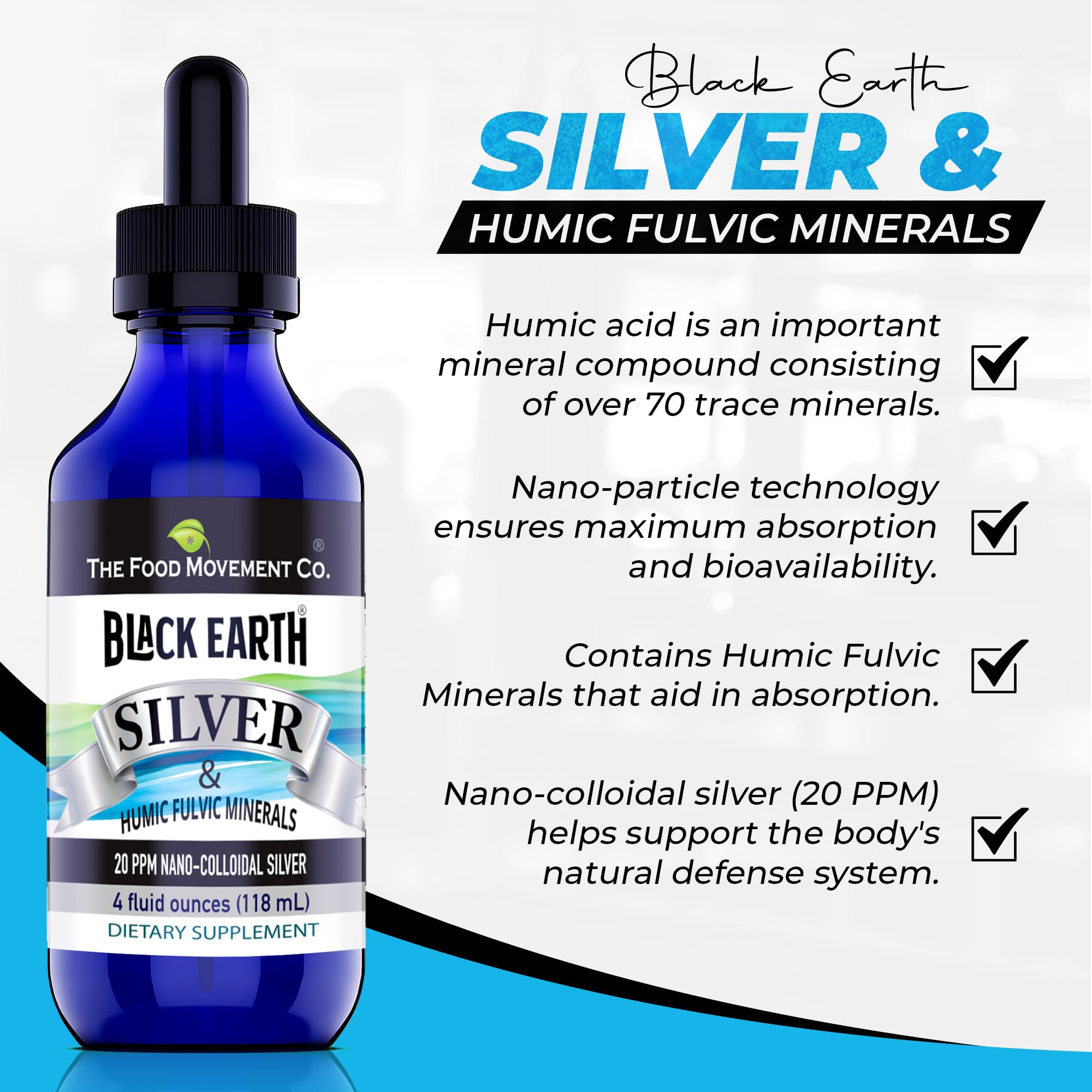 The Food Movement Black Earth Silver drops being dispensed for convenient daily use.