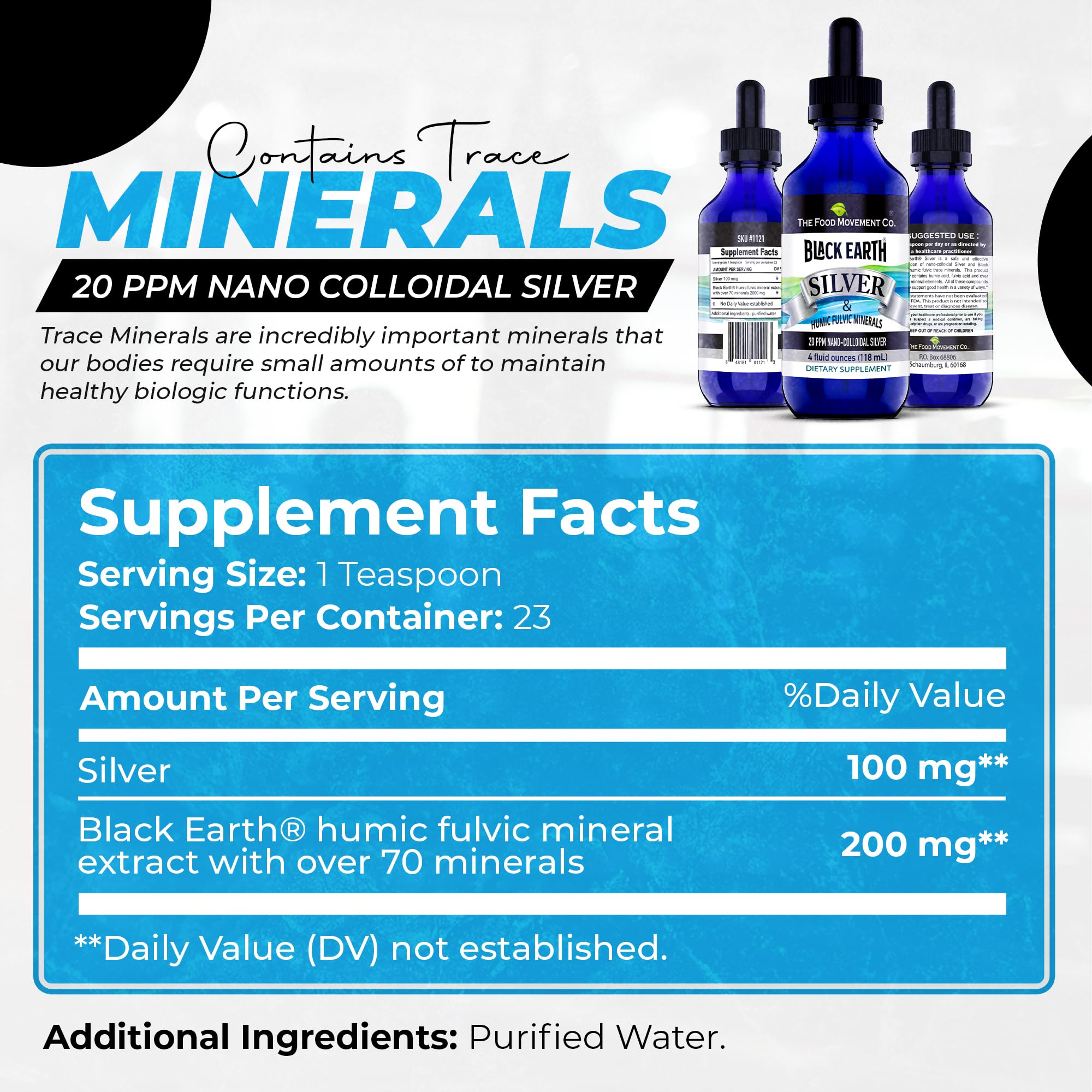 The Food Movement Black Earth Silver label close-up highlighting humic fulvic blend.