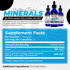 The Food Movement Black Earth Silver label close-up highlighting humic fulvic blend.