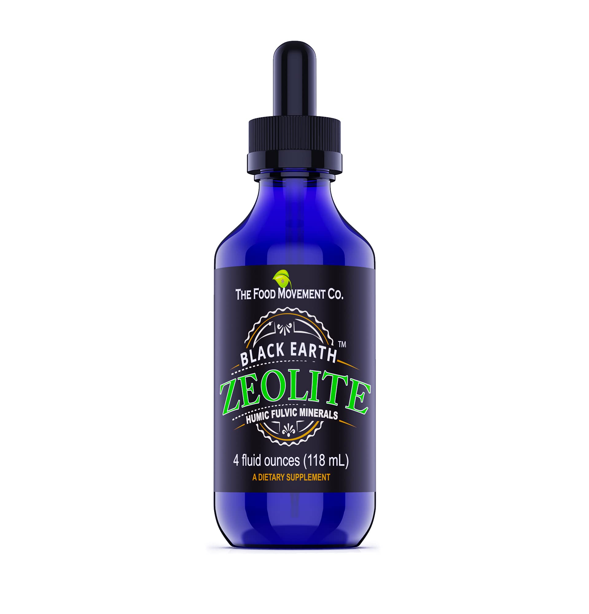 THE FOOD MOVEMENT CO Black Earth Zeolite bottle showcases a premium detox mineral blend.