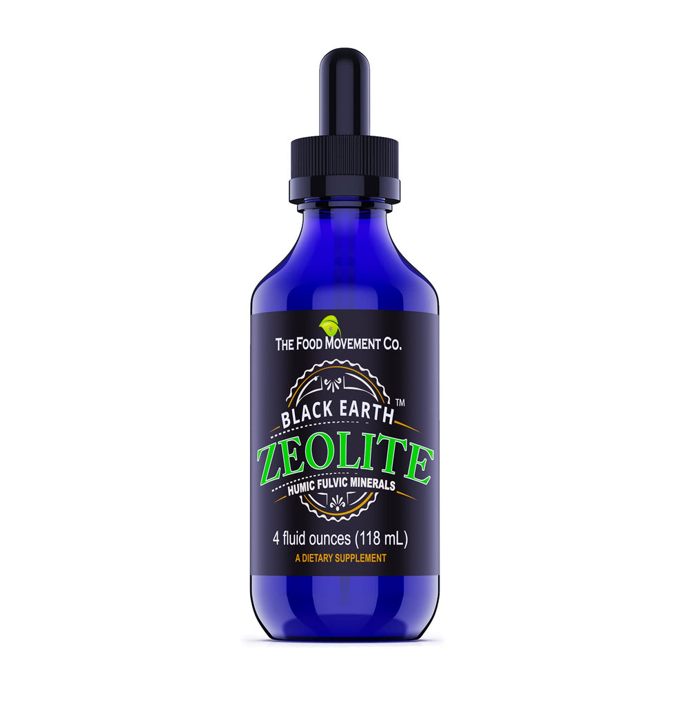 THE FOOD MOVEMENT CO Black Earth Zeolite bottle showcases a premium detox mineral blend.