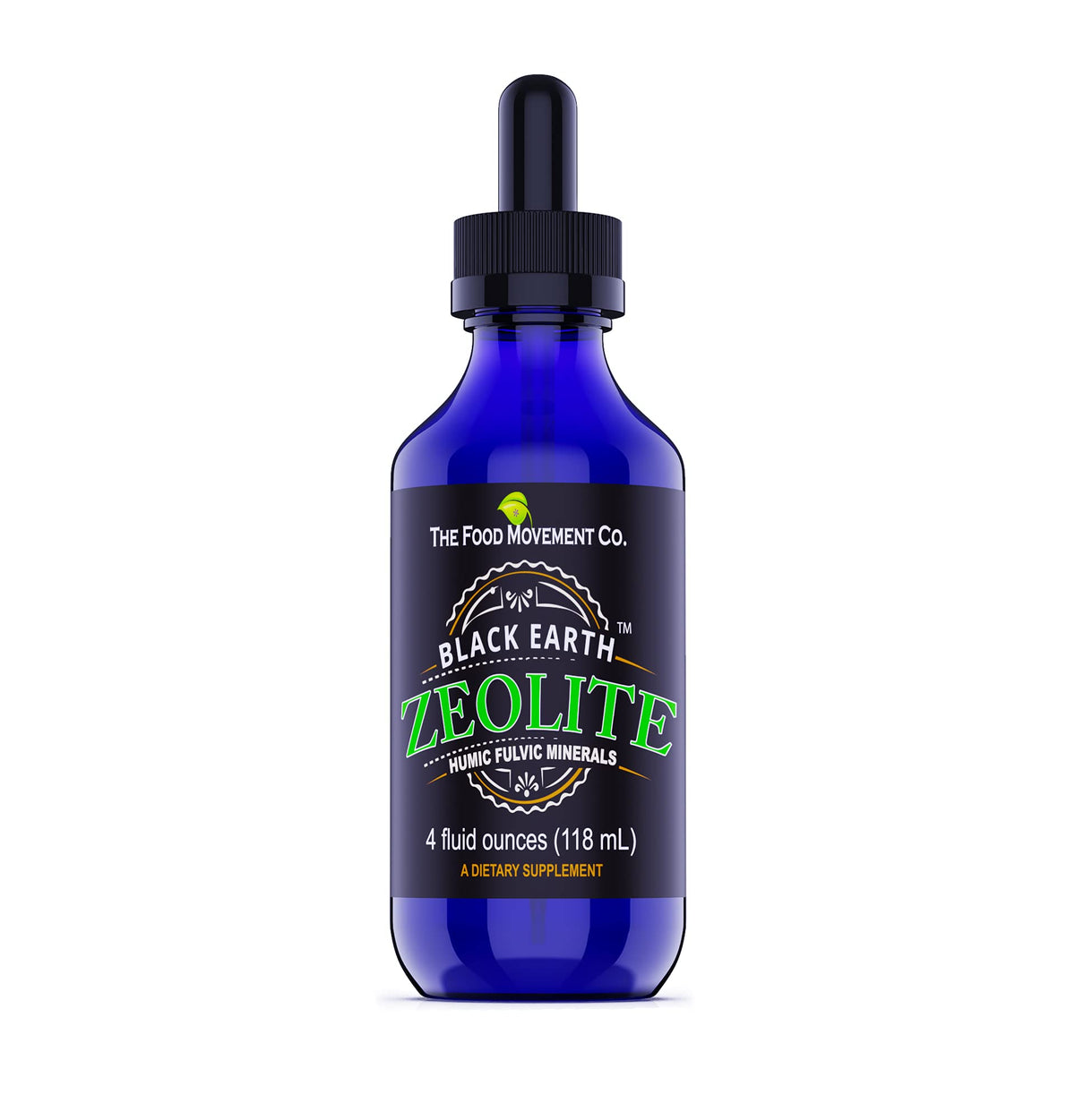 THE FOOD MOVEMENT CO Black Earth Zeolite bottle showcases a premium detox mineral blend.