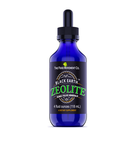 THE FOOD MOVEMENT CO Black Earth Zeolite bottle showcases a premium detox mineral blend.