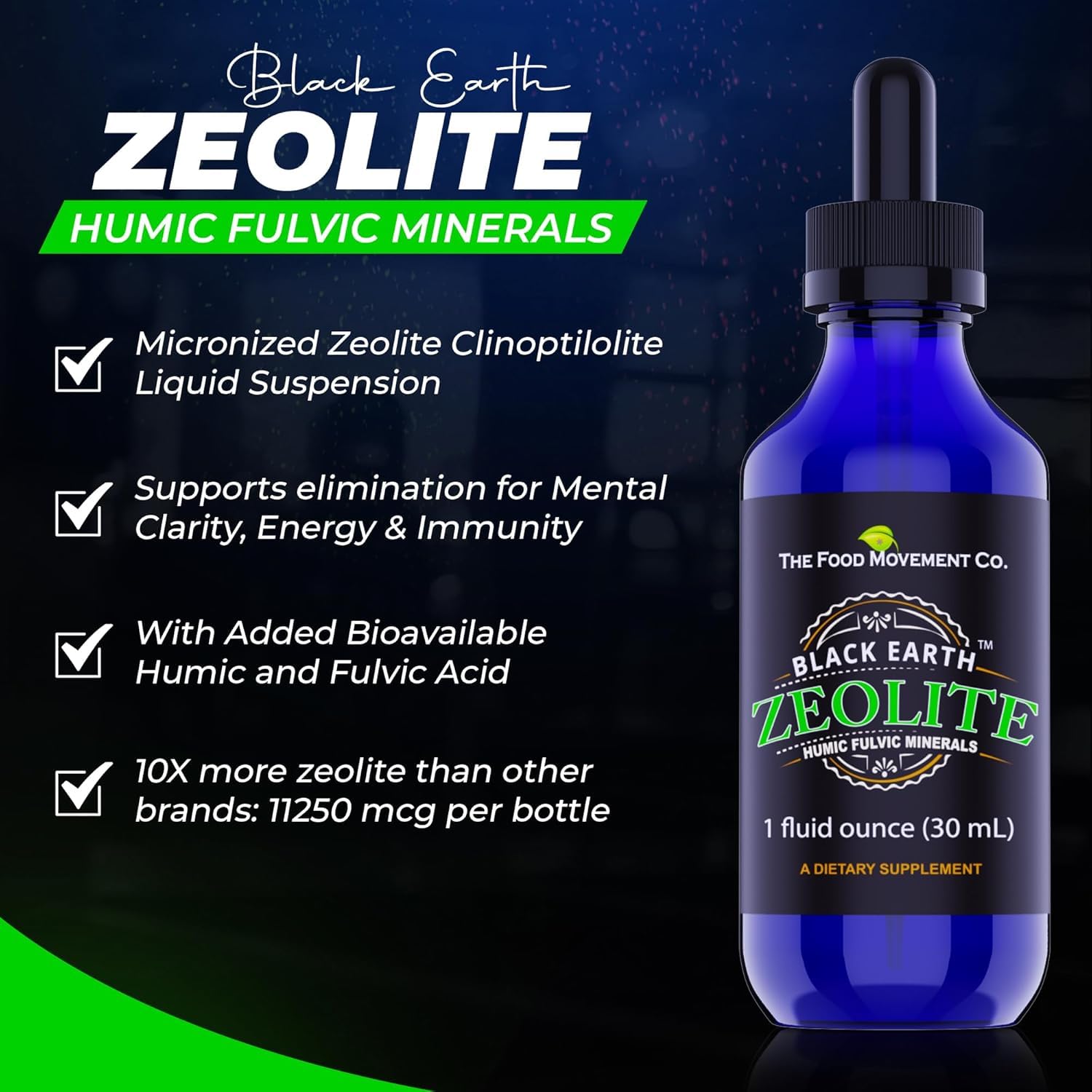 Close-up of The Food Movement Co. Zeolite label highlighting ingredients