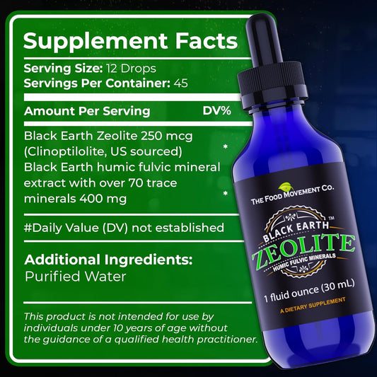 Zeolite liquid drops pouring from The Food Movement Co. bottle for easy dosing