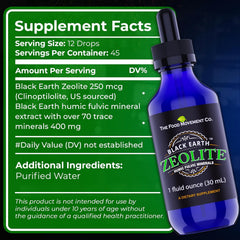 Zeolite liquid drops pouring from The Food Movement Co. bottle for easy dosing