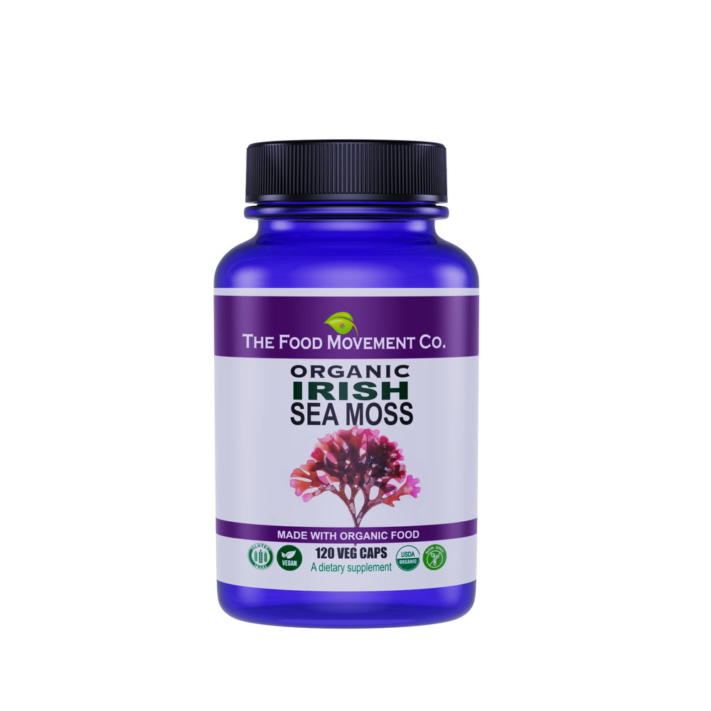 The Food Movement Co Irish Sea Moss bottle shows vegan capsules for daily digestion support.
