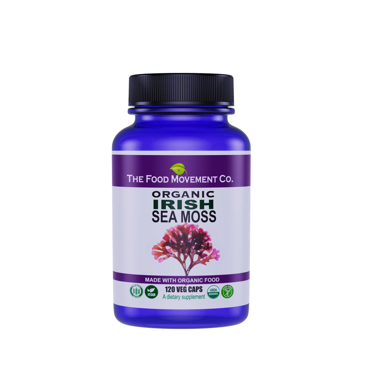 The Food Movement Co Irish Sea Moss bottle shows vegan capsules for daily digestion support.