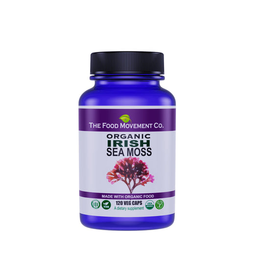 The Food Movement Co Irish Sea Moss bottle shows vegan capsules for daily digestion support.