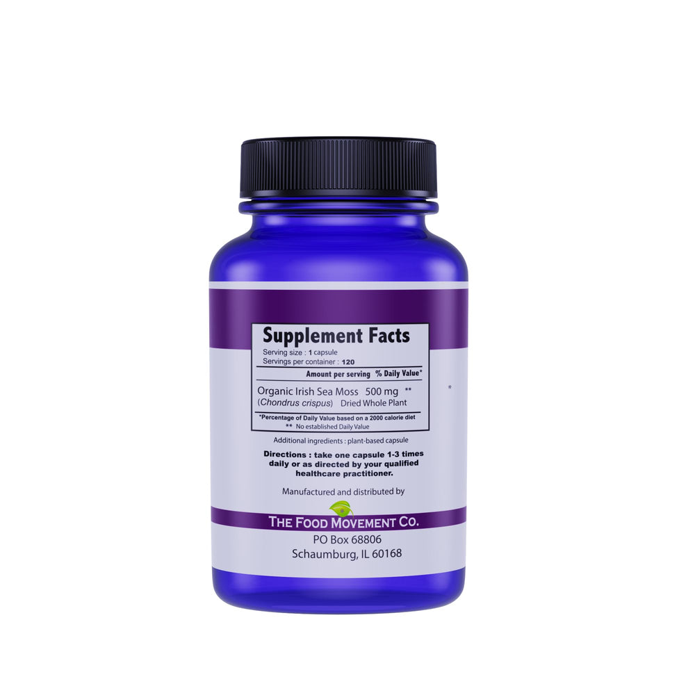 The Food Movement Co Irish Sea Moss capsules close-up highlighting minerals potential.