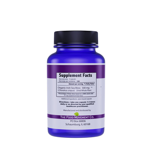 The Food Movement Co Irish Sea Moss capsules close-up highlighting minerals potential.