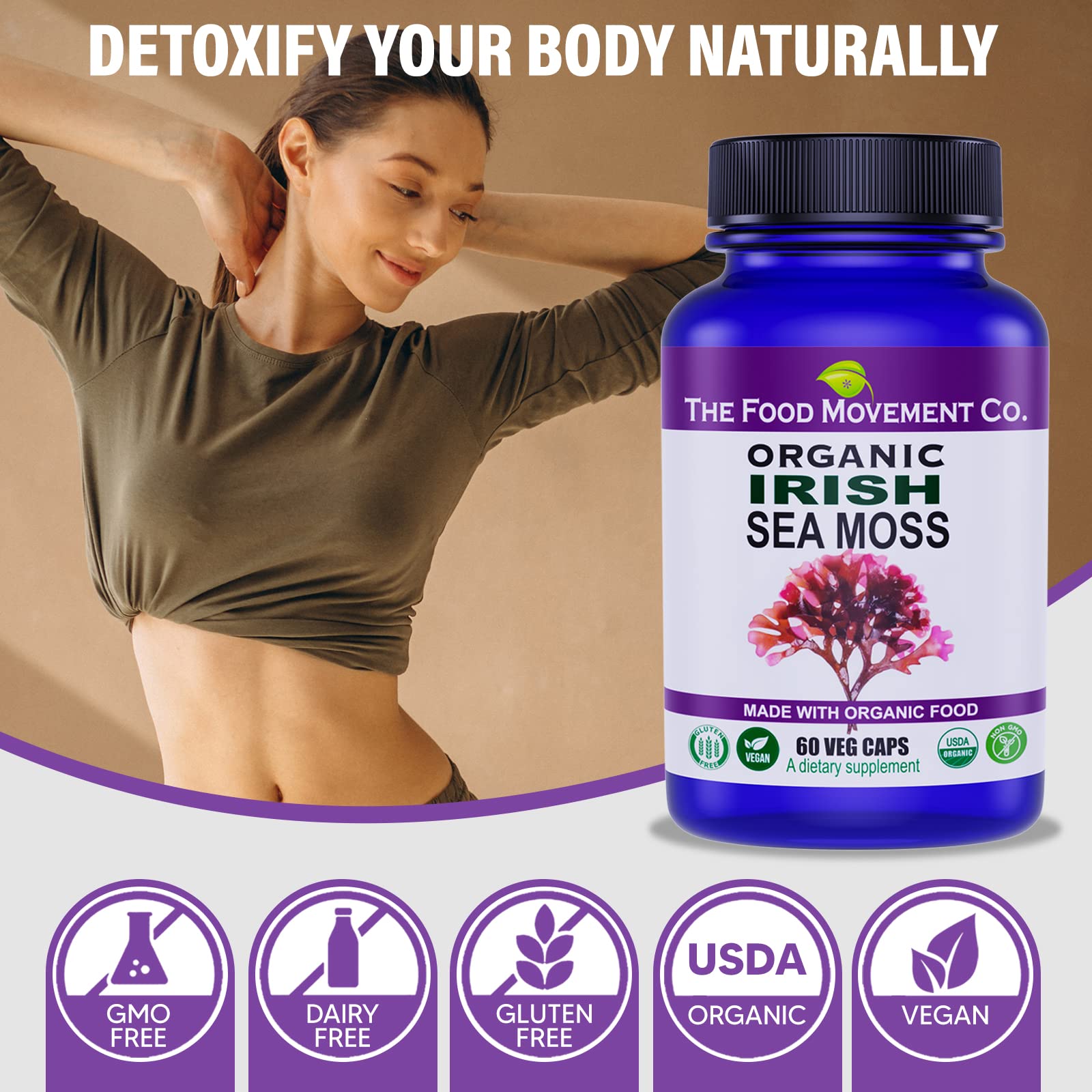 The Food Movement Co Irish Sea Moss label featuring gluten free mark for dietary compatibility.