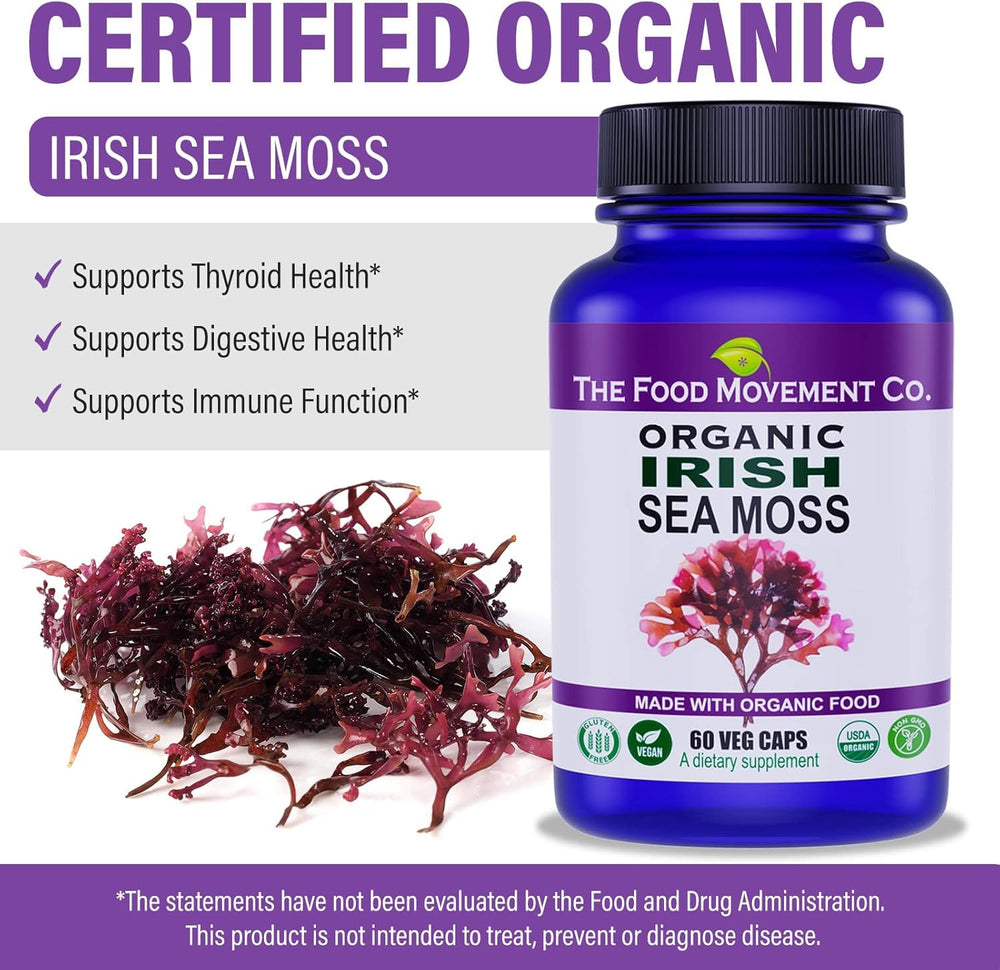 The Food Movement Co Irish Sea Moss ingredients graphic showcasing trace minerals content.