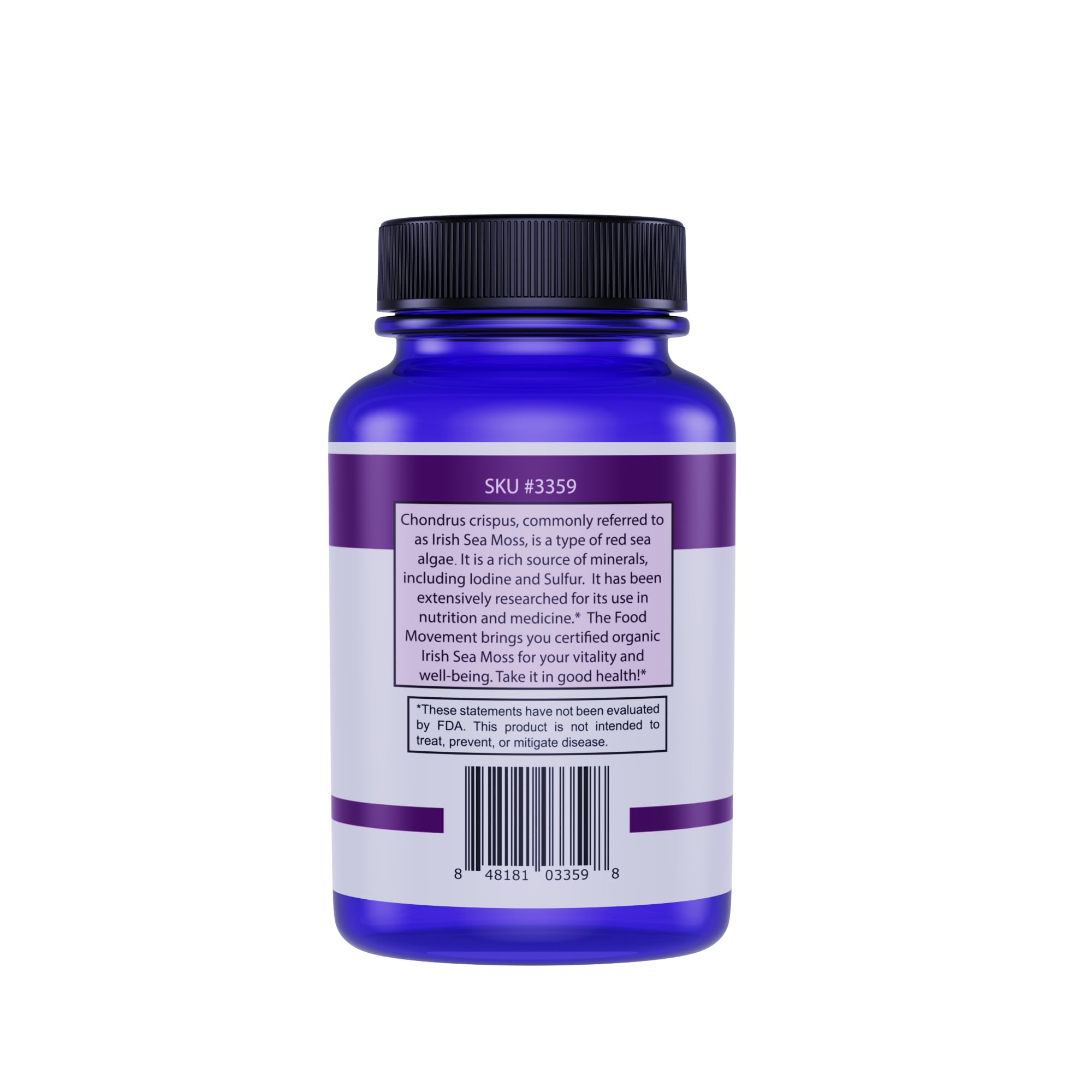 The Food Movement Co Irish Sea Moss label emphasizing organic and non GMO quality.