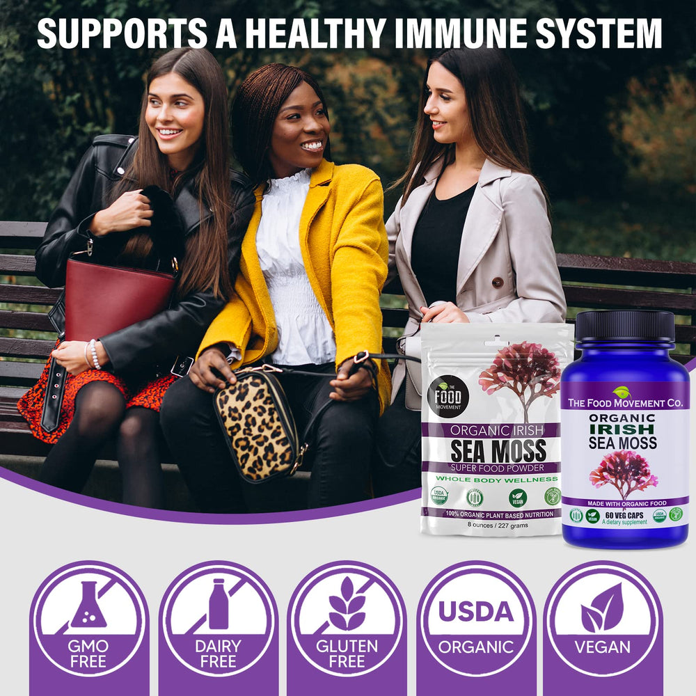 The Food Movement Co. sea moss powder bottle-back label underlines vegan, kosher, and gluten-free credentials.