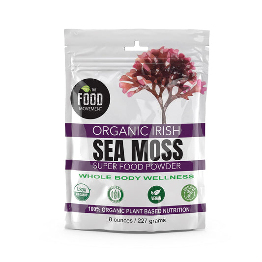 The Food Movement Co. sea moss powder packaging highlights organic quality for daily wellness support.