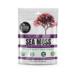 The Food Movement Co. sea moss powder packaging highlights organic quality for daily wellness support.