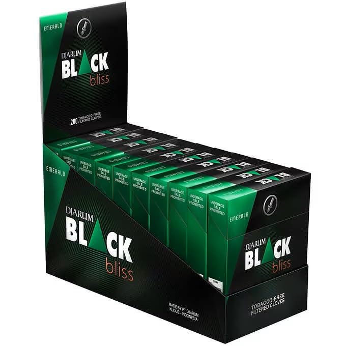 The Frugal Smoker Djarum Black Bliss Emerald cigarettes in a front-pack view with premium clove aroma.