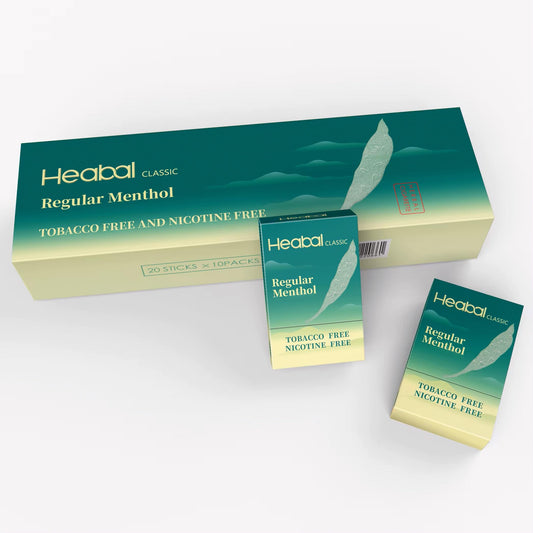 The Frugal Smoker HEABAL Menthol 20-pack front view, nicotine-free alternative option.