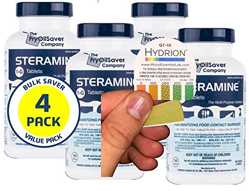 The FryOilSaver Co Steramine tablets in a bottle pack for quick kitchen sanitation.