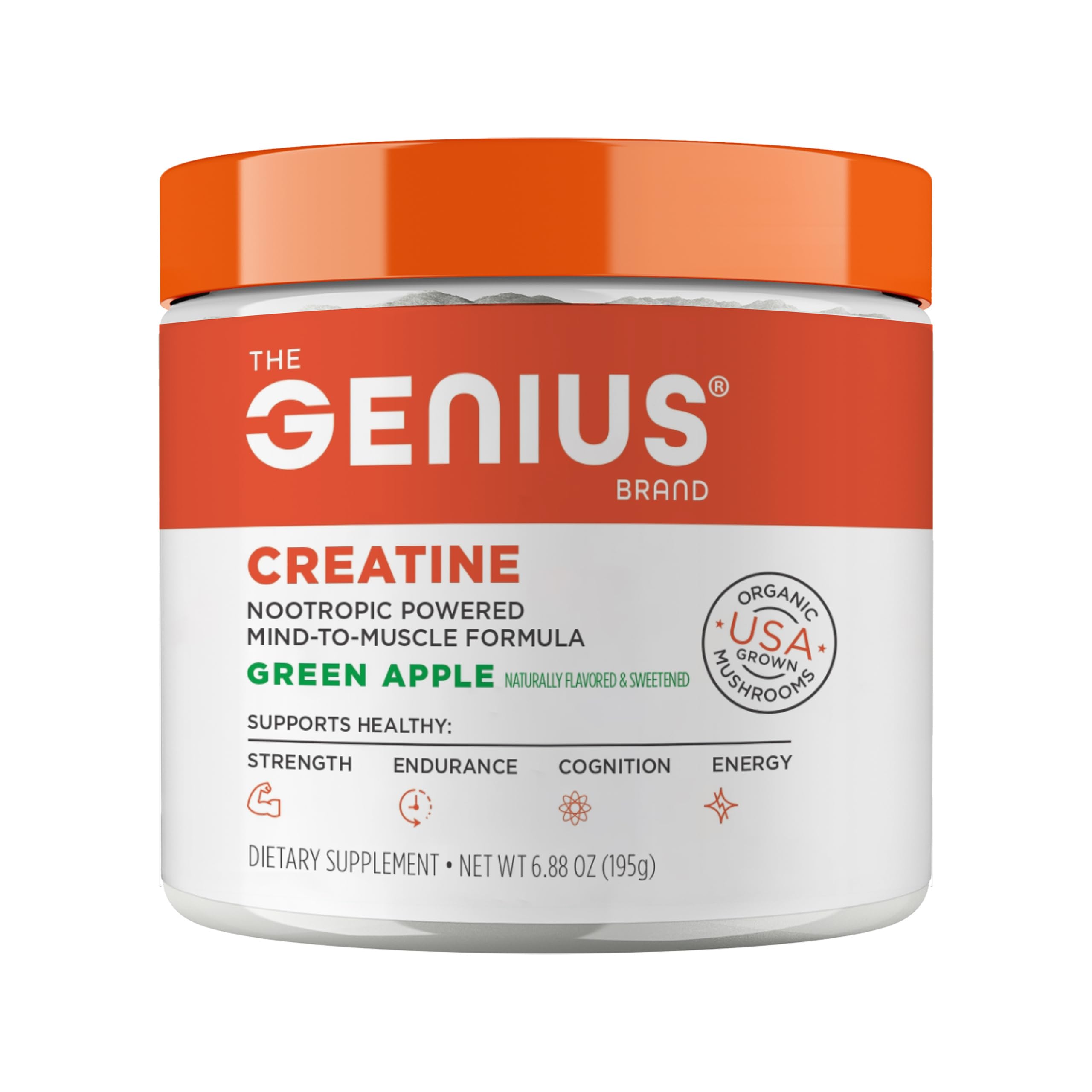The Genius Brand front packaging showing creatine tub and branding for quick ID