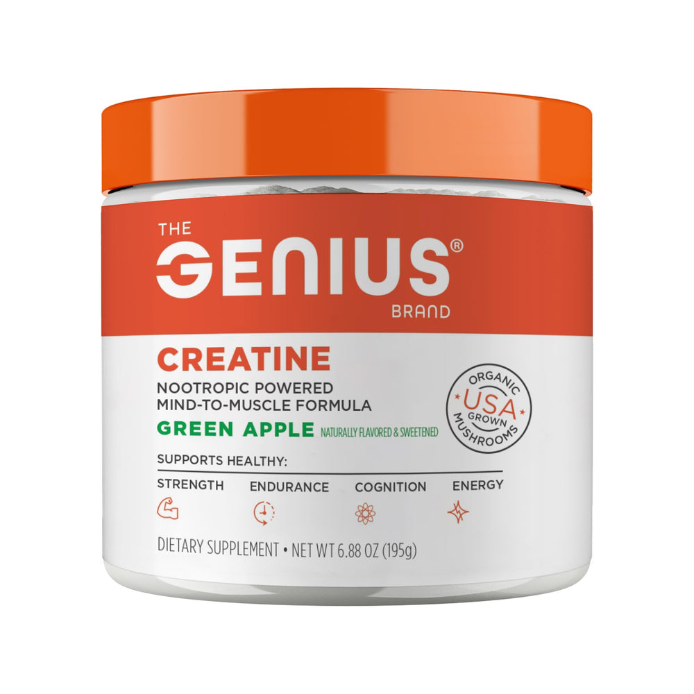 The Genius Brand front packaging showing creatine tub and branding for quick ID
