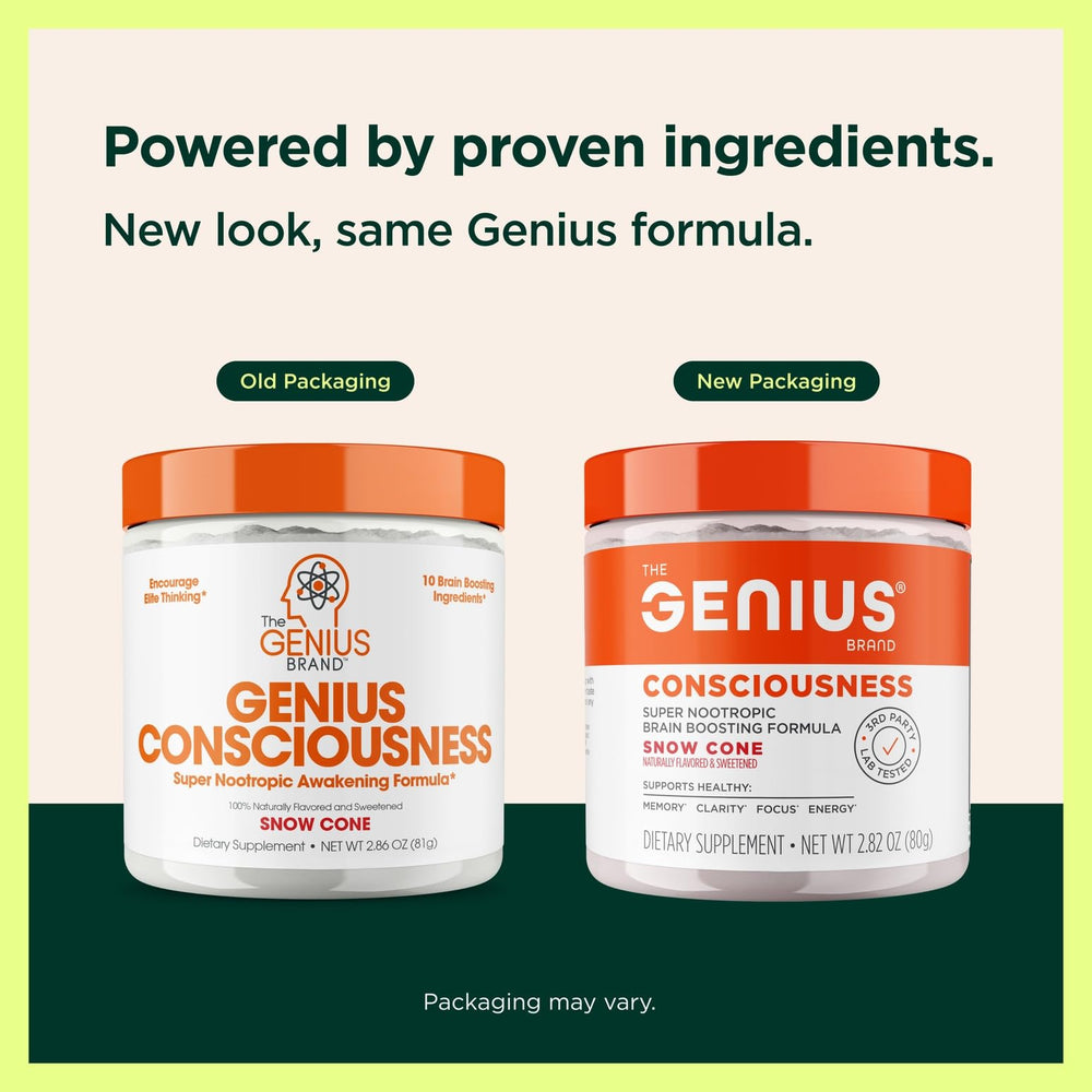 The Genius Brand Genius Consciousness bottle closeup shows capsules for clear focus.