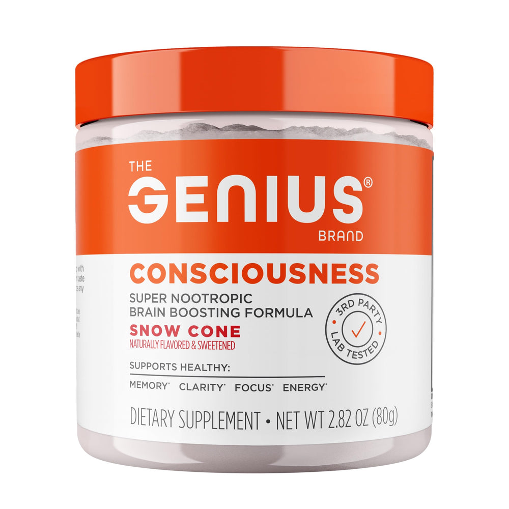 The Genius Brand Genius Consciousness bottle pour supports focused daily thinking.
