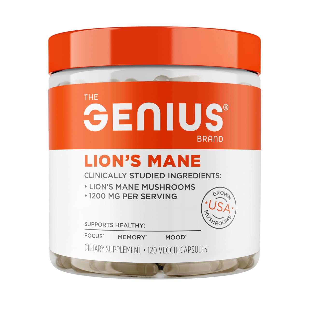 The Genius Brand Genius Lion's Mane bottle front, suggesting memory and focus support.