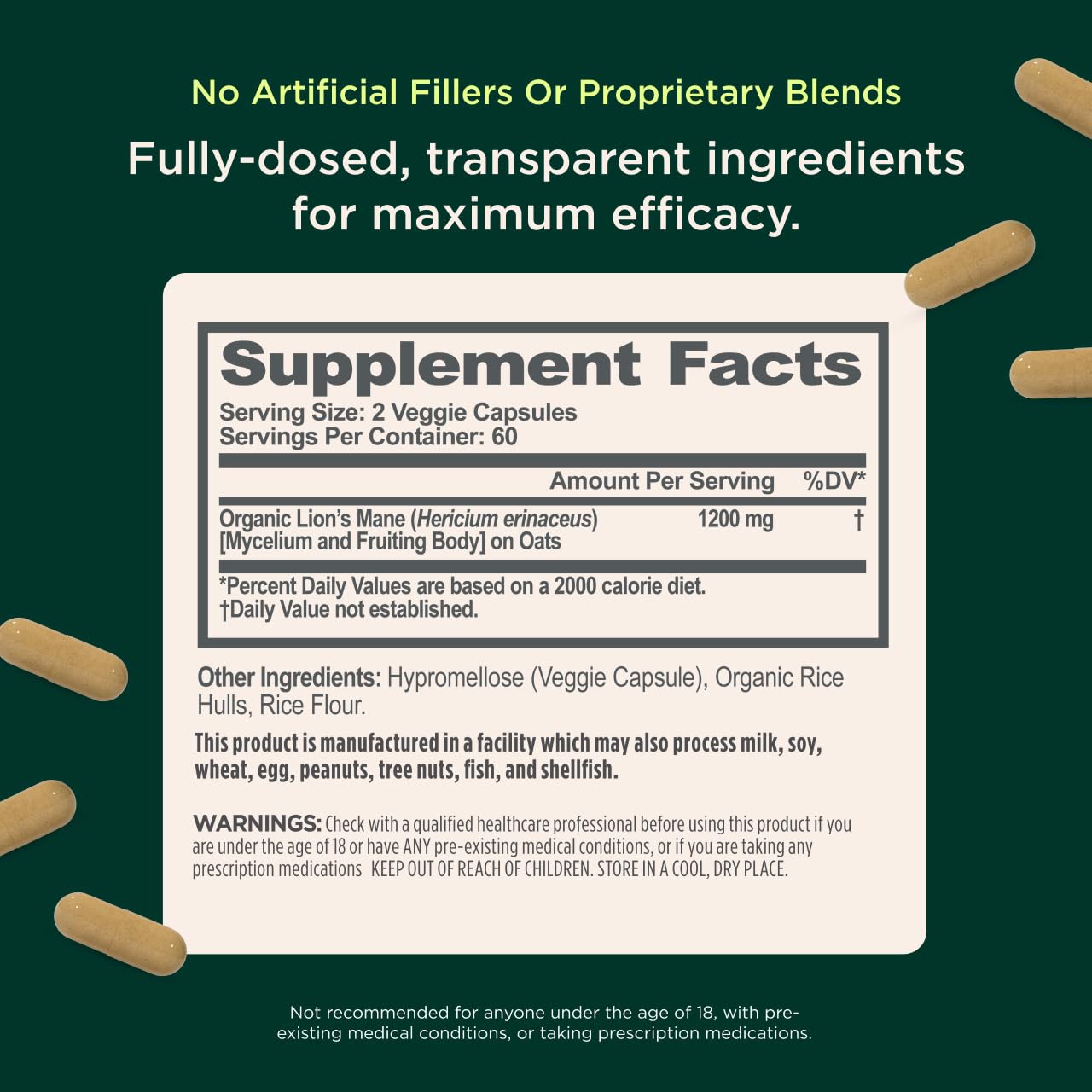 Close-up of label details displaying serving size and NSF-certified production.