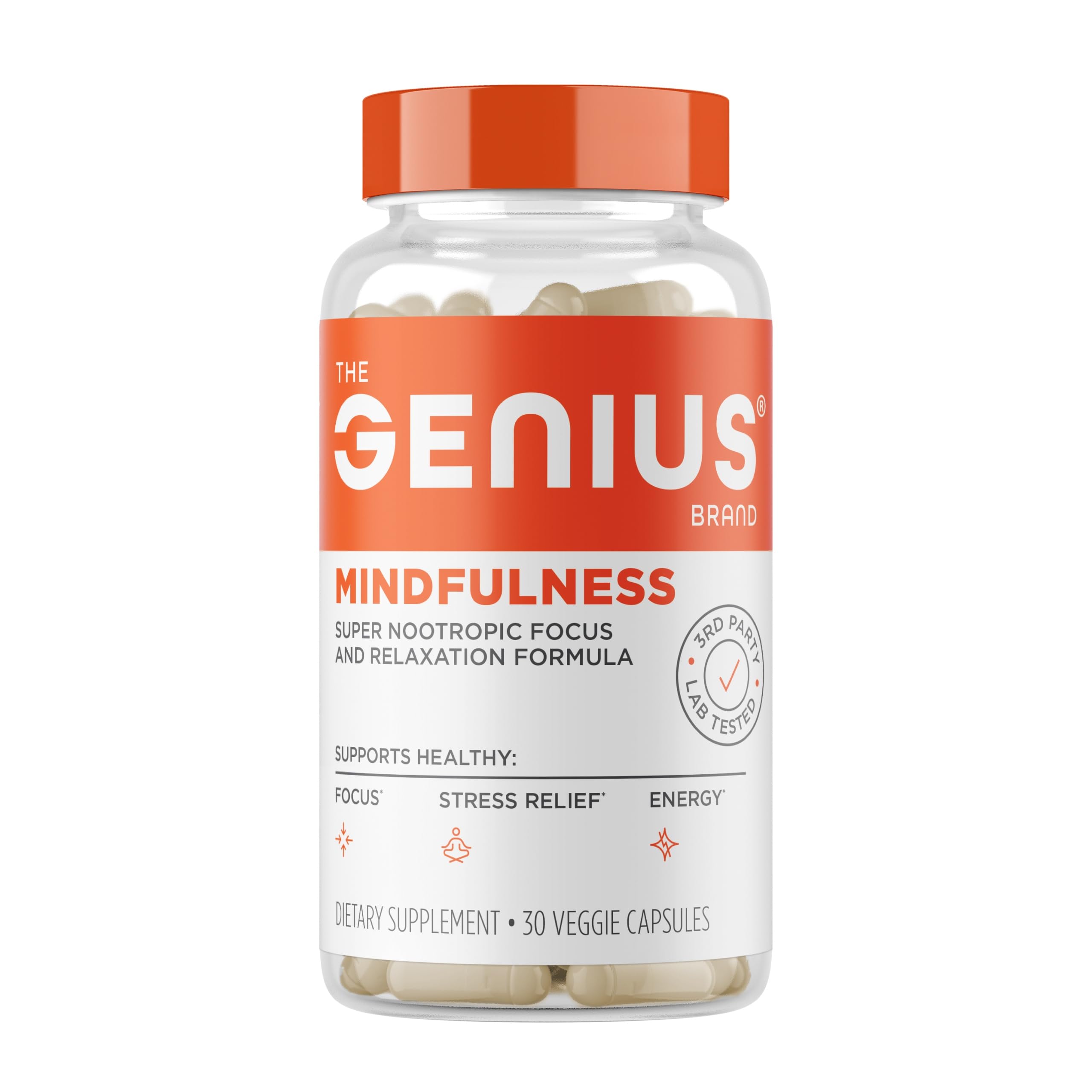 The Genius Brand Genius Mindfulness bottle shown for calm focus and memory support.