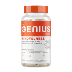 The Genius Brand Genius Mindfulness bottle shown for calm focus and memory support.