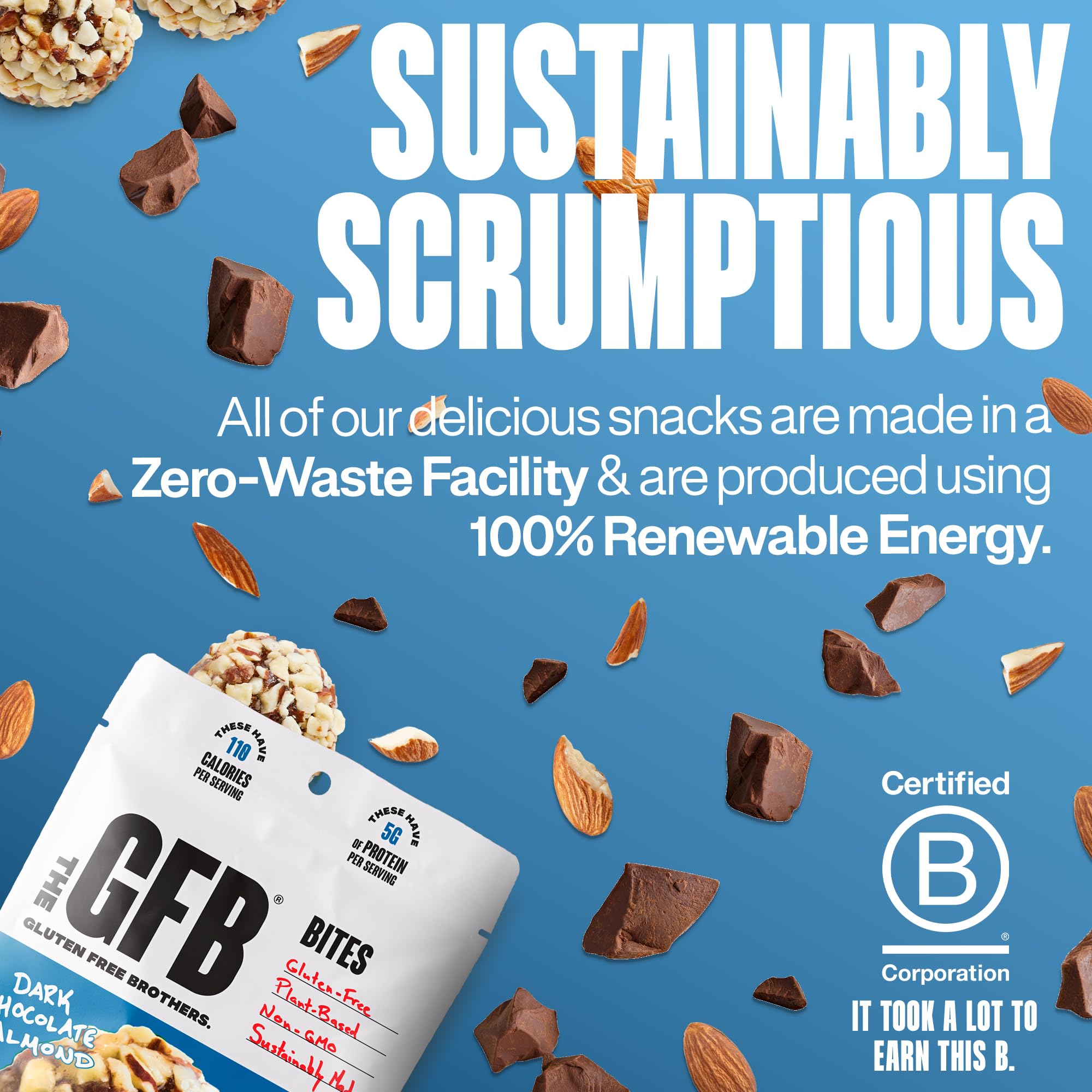 The GFB Dark Chocolate Almond Protein Bites showcase gluten-free, vegan, and kosher certifications on packaging.