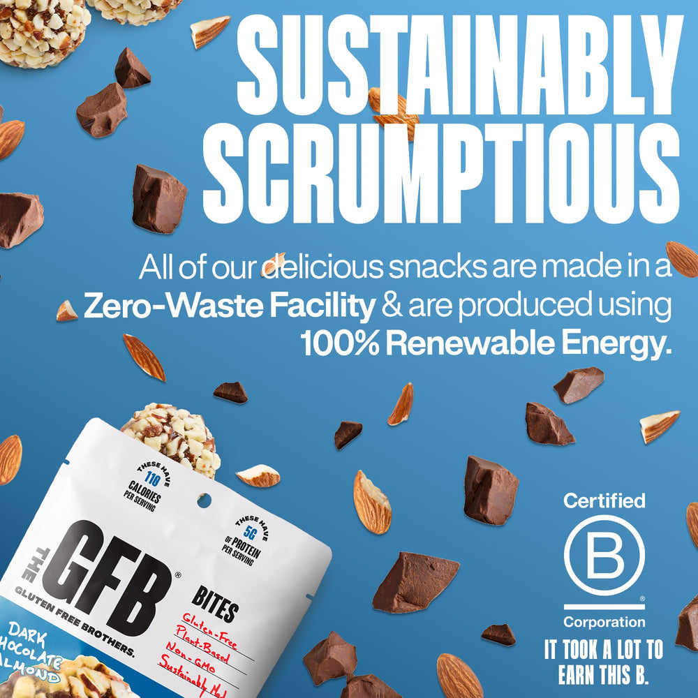 The GFB Dark Chocolate Almond Protein Bites showcase gluten-free, vegan, and kosher certifications on packaging.