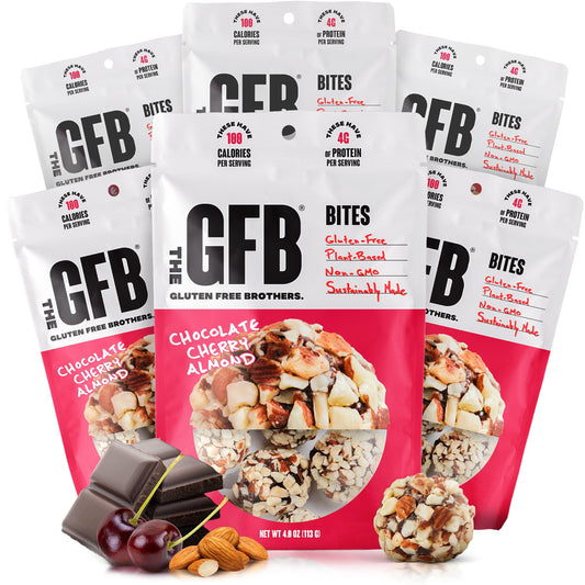 The GFB Chocolate Cherry Almond Bites bag for on-the-go protein snacking.