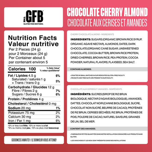 Closeup of Montmorency cherries and dark chocolate in The GFB bites for flavor cues.
