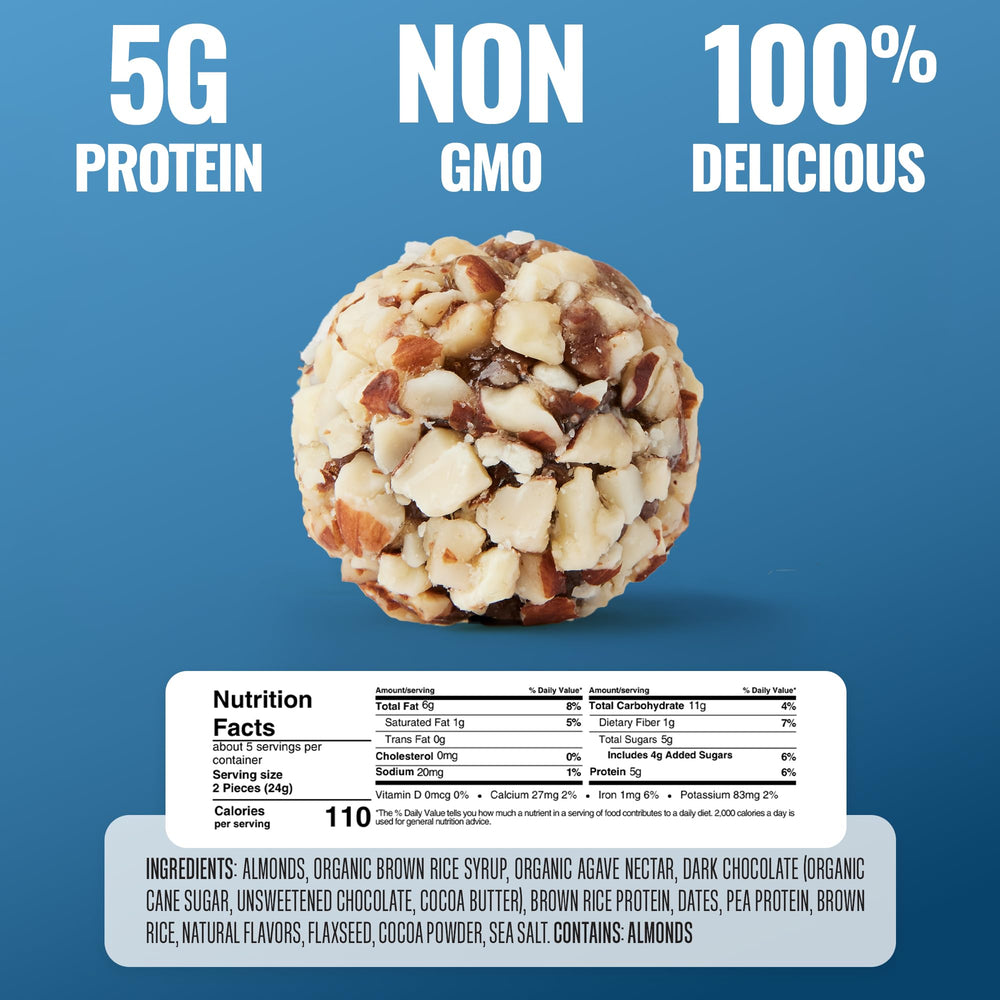 Close-up of The GFB bites reveals rich chocolate and crunchy almonds for a plant-based treat.
