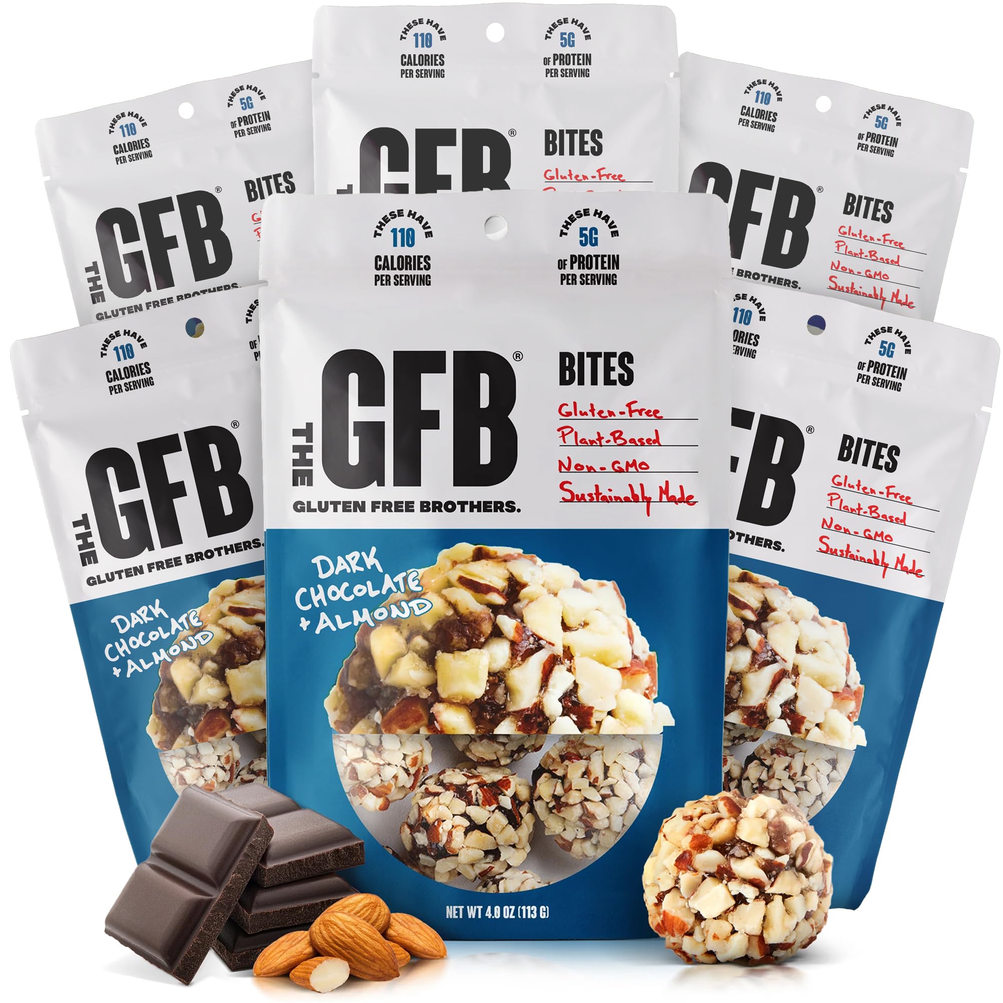The GFB Dark Chocolate Almond Protein Bites pack, ideal for on-the-go gluten-free protein snacking.