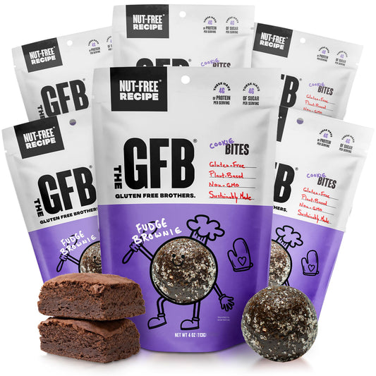 The GFB Fudge Brownie Cookie Protein Bites packaging, a convenient on-the-go snack.