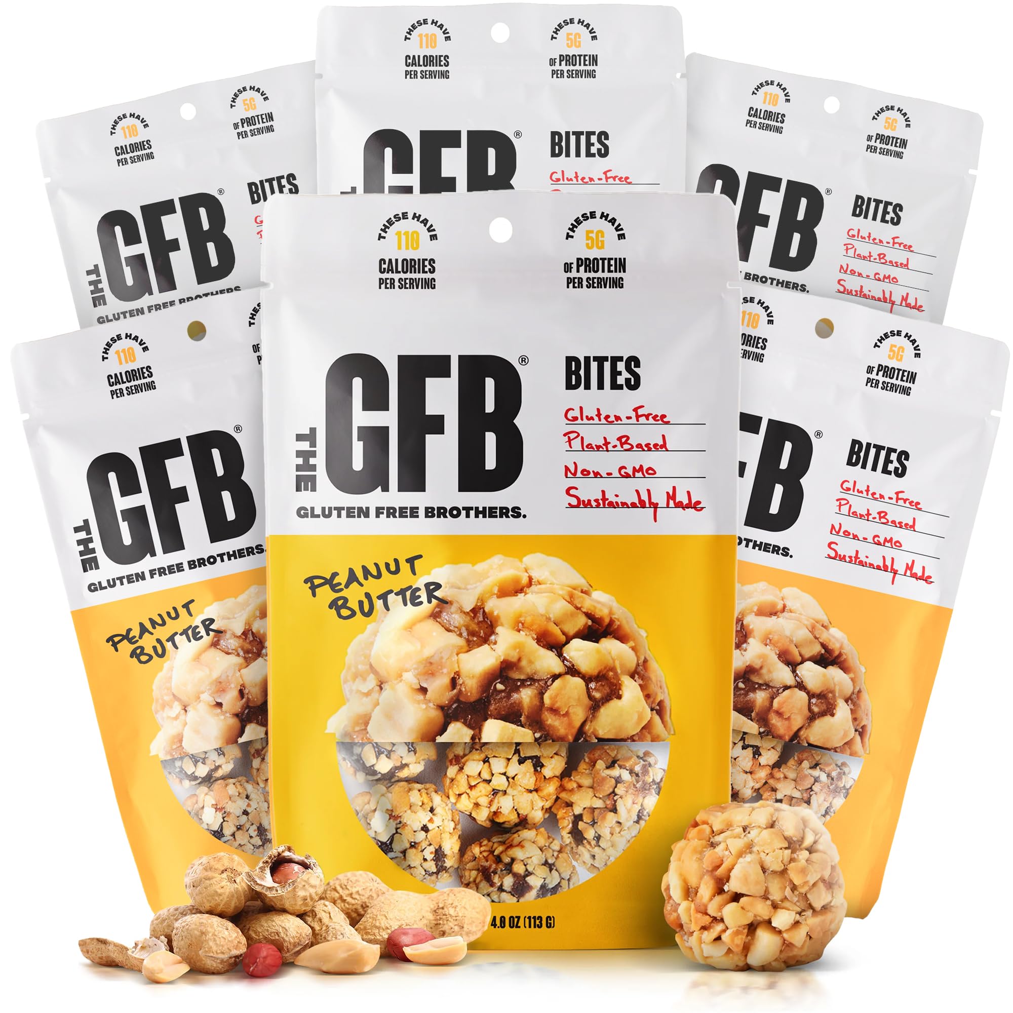 The GFB Peanut Butter Bites front pack displaying gluten free, vegan snack option.