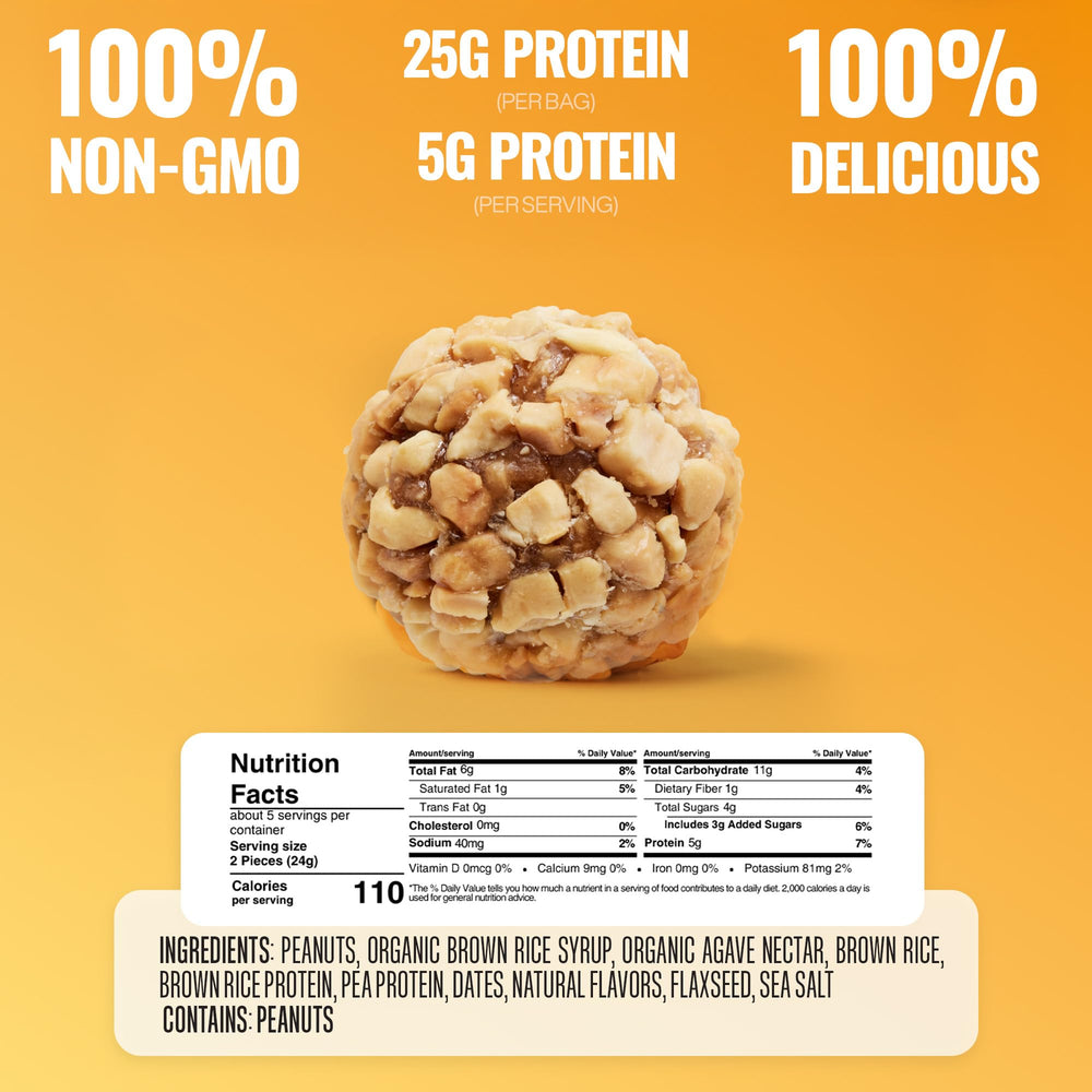 Close-up of The GFB bites texture shows crunchy peanuts and creamy peanut butter.