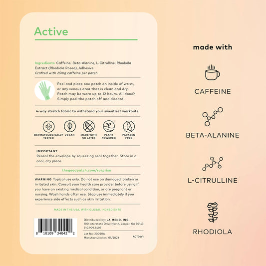 The Good Patch Active Patch with caffeine release supports sustained focus during activity.