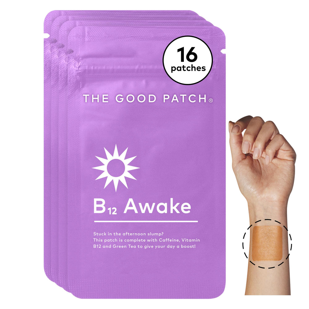 The Good Patch B12 Awake Patch worn on the wrist delivers natural energy.