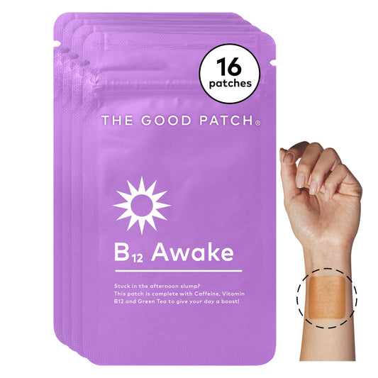 The Good Patch B12 Awake Patch worn on the wrist delivers natural energy.