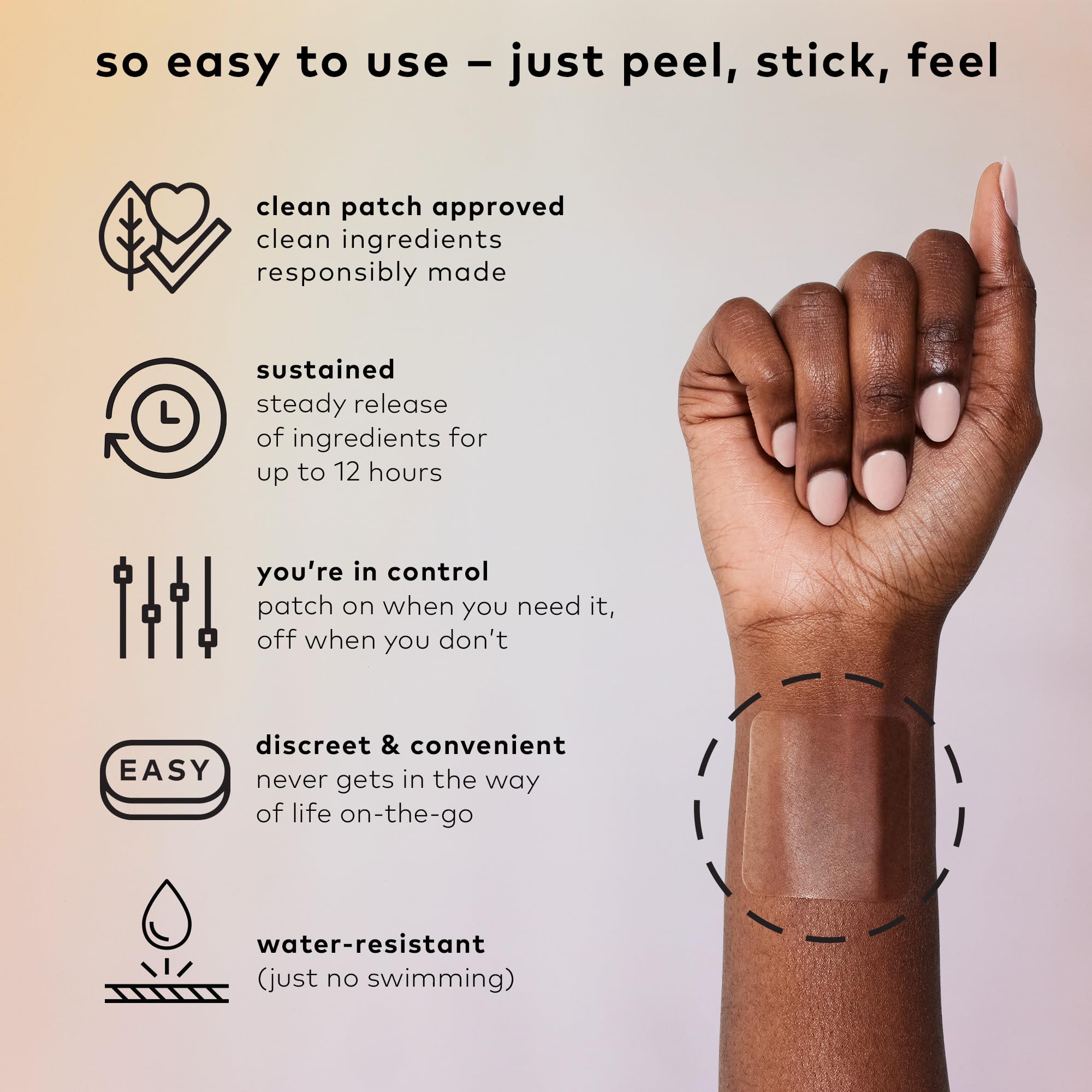 Be Calm patch packaging highlighting convenience and plant-based ingredients.