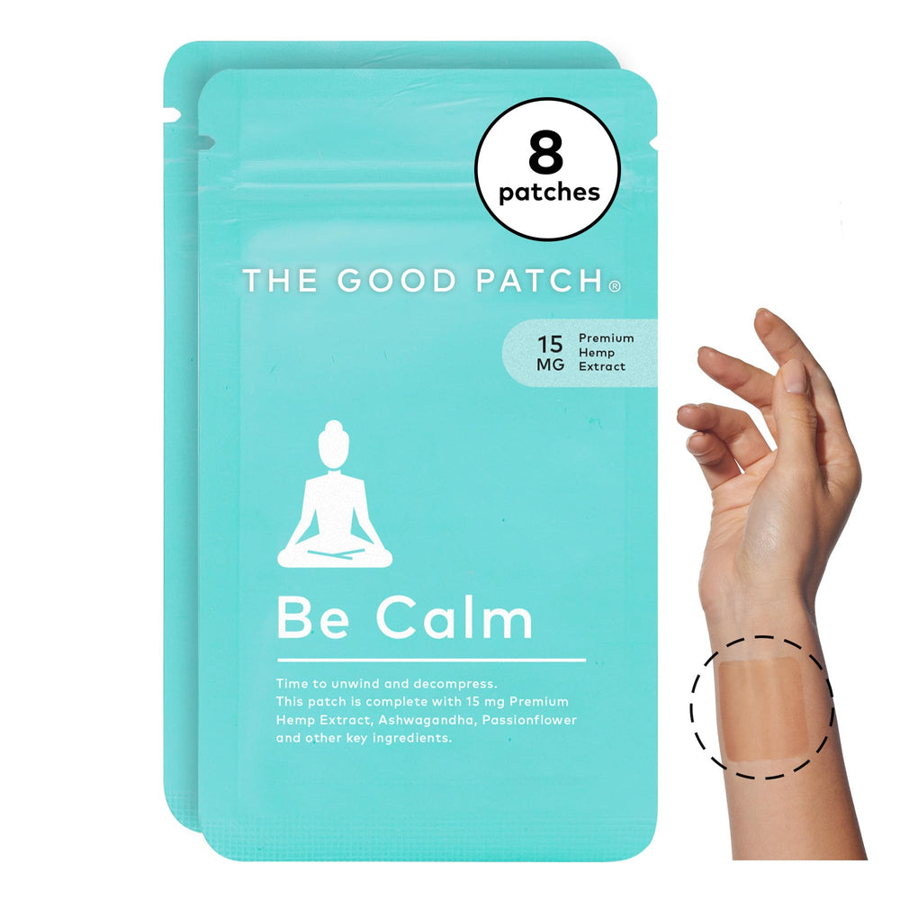 The Good Patch Be Calm patch on the wrist offering discreet relaxation.