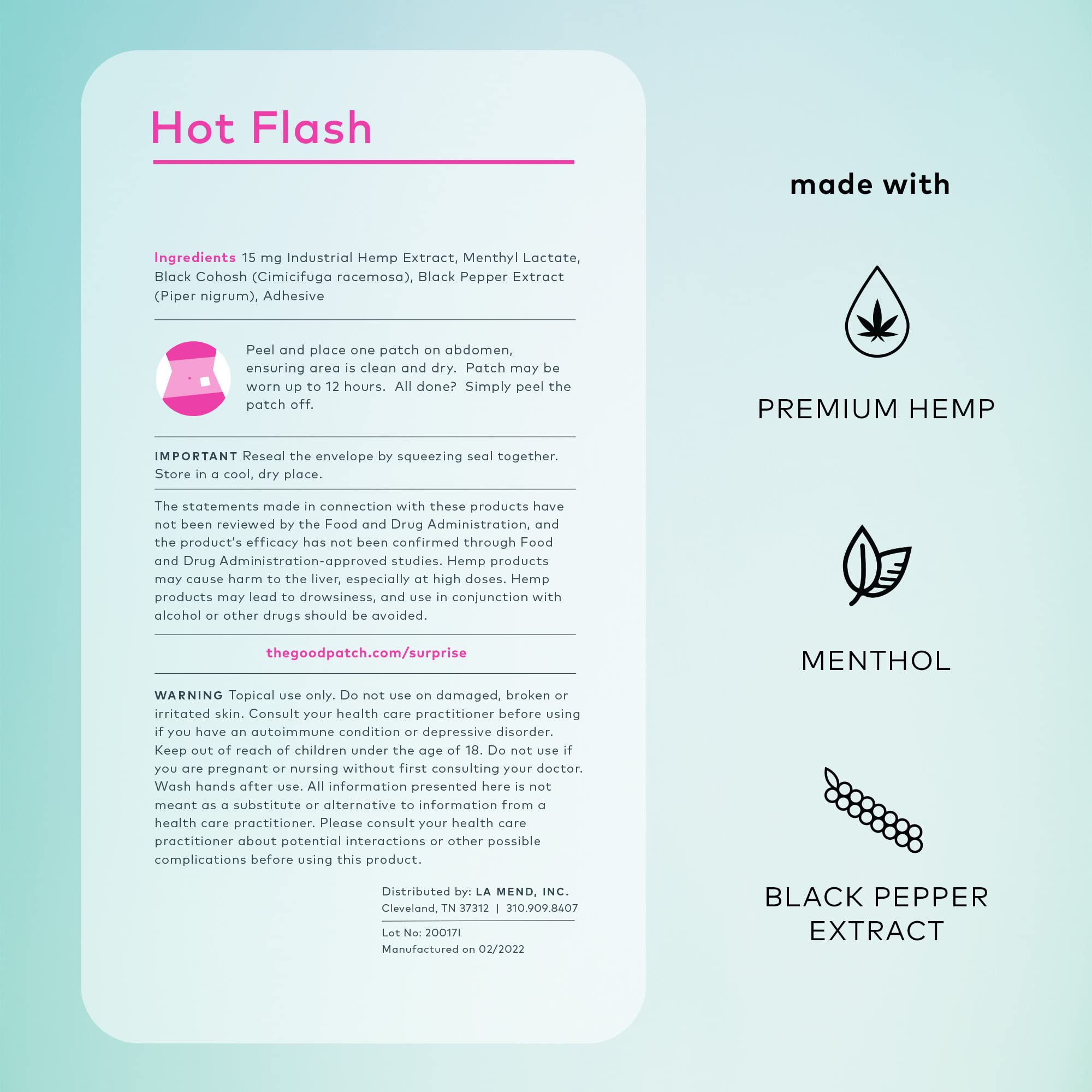 The Good Patch hot flash patch ingredients label shows hemp extract and botanicals.